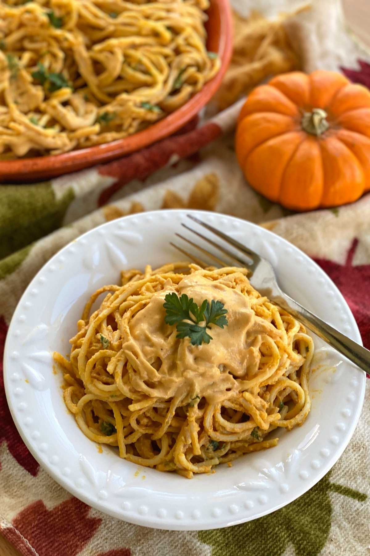 Pumpkin sauce on top of pasta noodles in a bowl with pumpkin and platter behind it. 