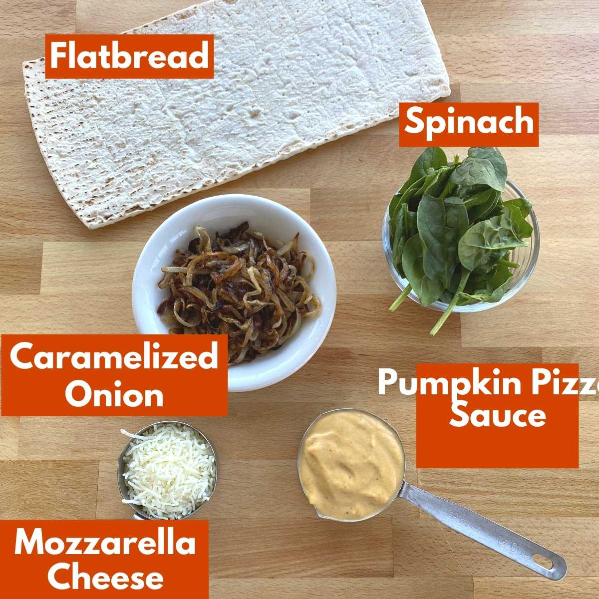 Labeled ingredients to make pumpkin flatbread pizza.