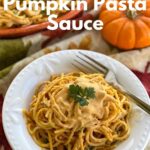 Bowl with pumpkin pasta sauce and spaghetti noodles.