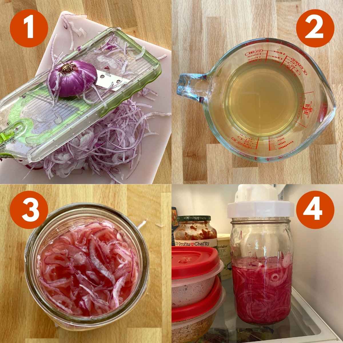 Numbered steps to make refrigerator pickled onions.