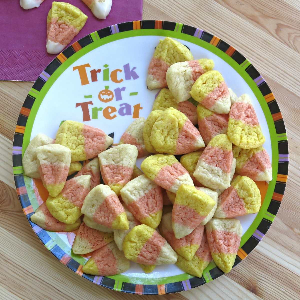 Vegan Halloween Candy Corn Cookies on a plate.