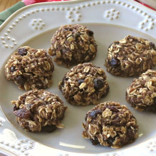Banana Oatmeal Raisin cookies on a plate.