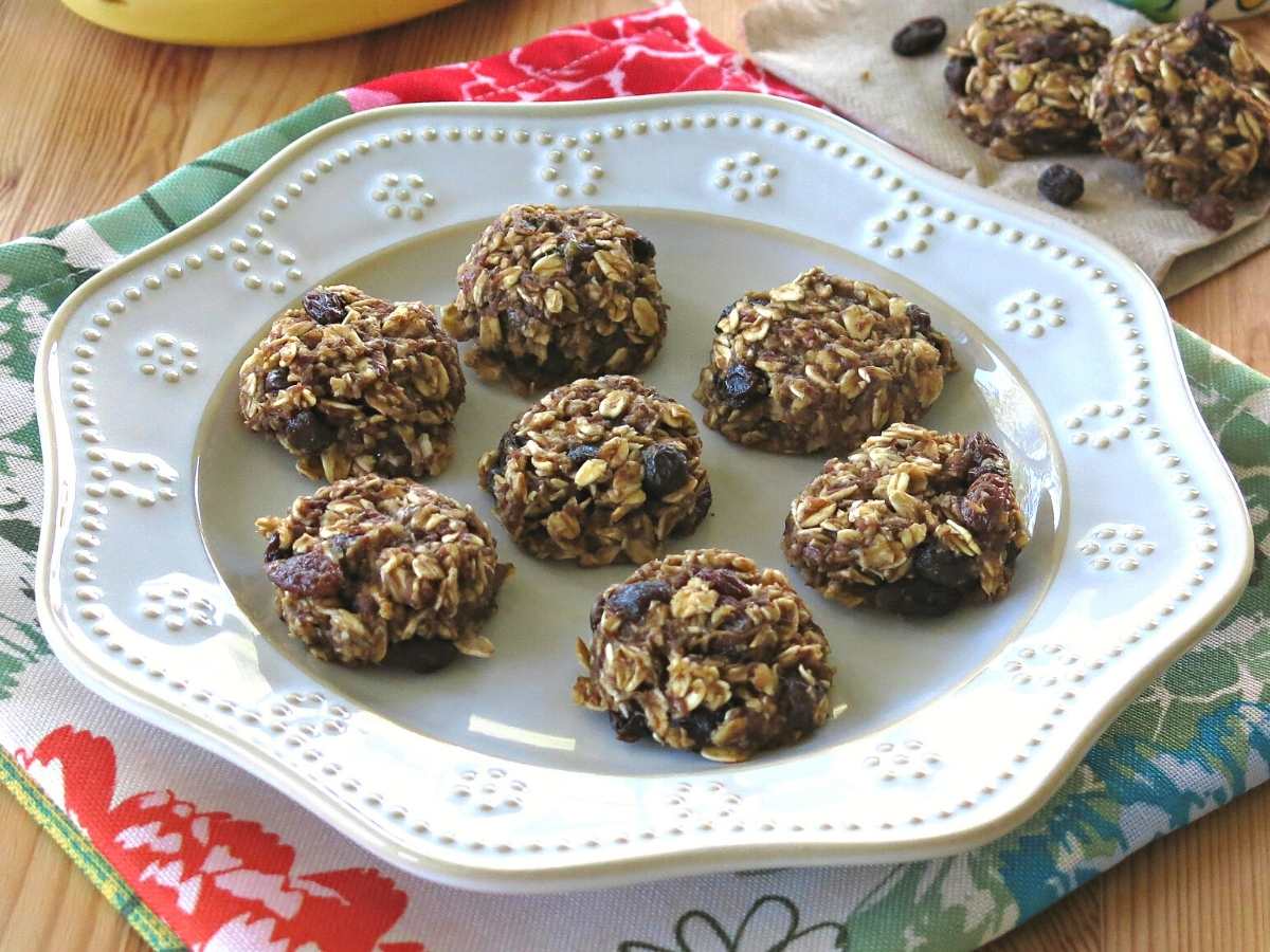 Vegan Banana Oatmeal Raisin cookies on a plate.