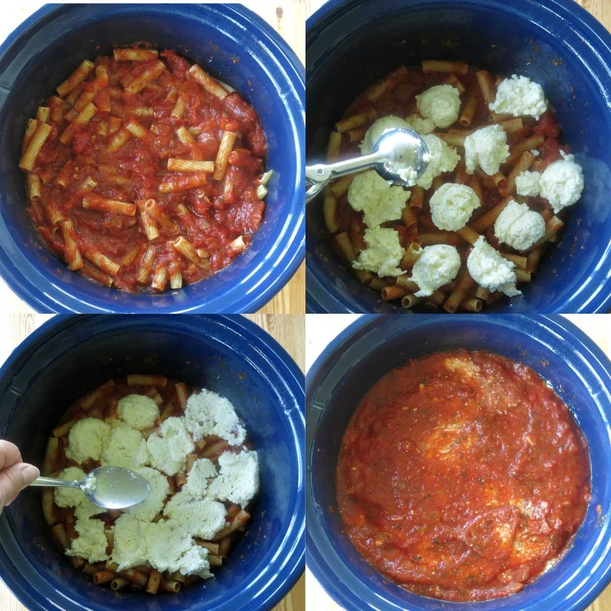 Collage of 4 pictures showing the layering steps to make crock-pot baked ziti.