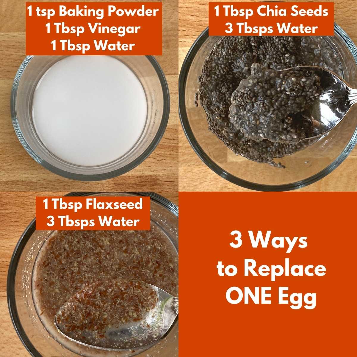 Graphic of 3 ways to replace an egg in a cookie recipe.