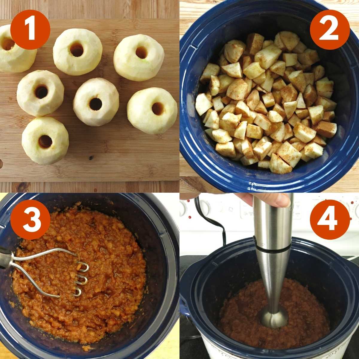 Number collage of pictures to make sugar-free apple butter. 1) Cored and peeled apples, 2) Chopped Apples in a crock with spices, 3) Apples being pressed with a potato masher, 4) Immersion blender in a crock with apple butter.