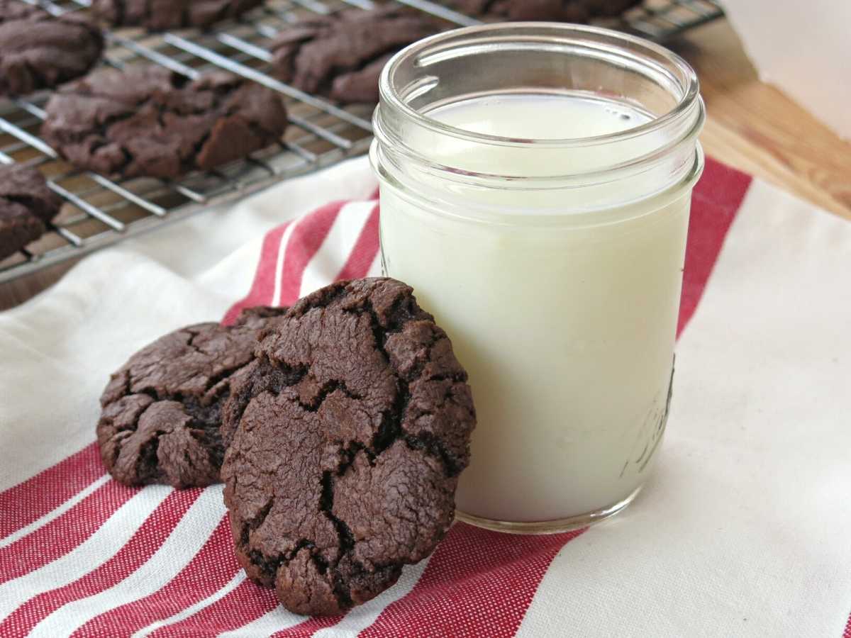 Two vegan double chocolate chip cookies stacked near a glass of milk.