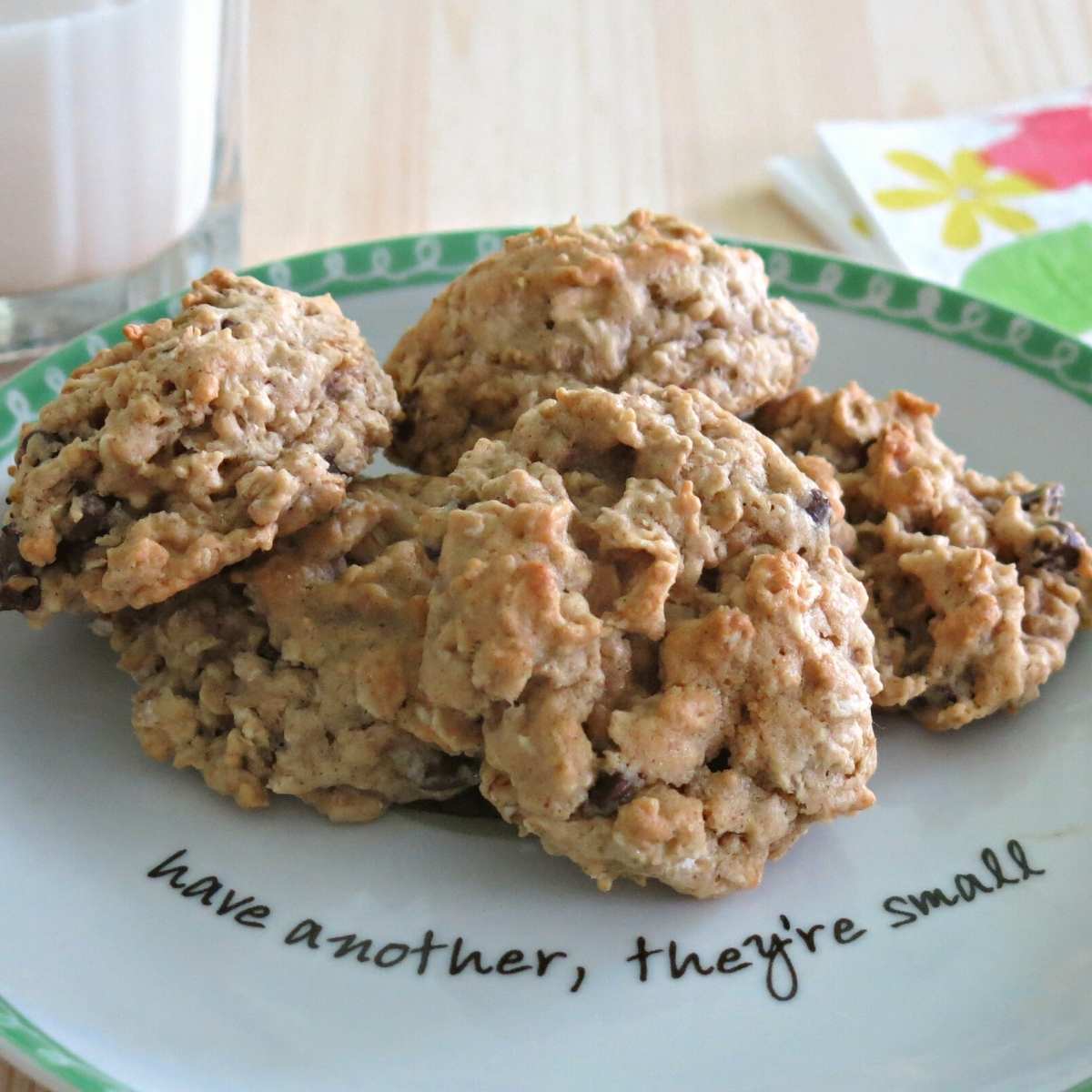 Plate of vegan oatmeal chocolate chip cookies.