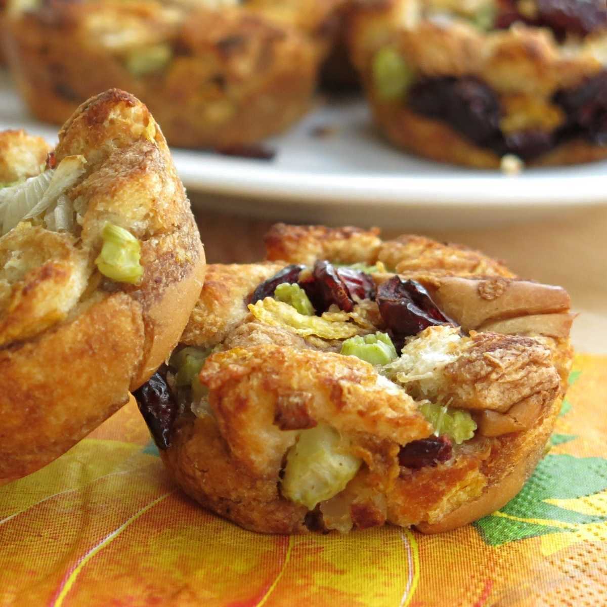 Two vegan stuffing muffins on a napkin.