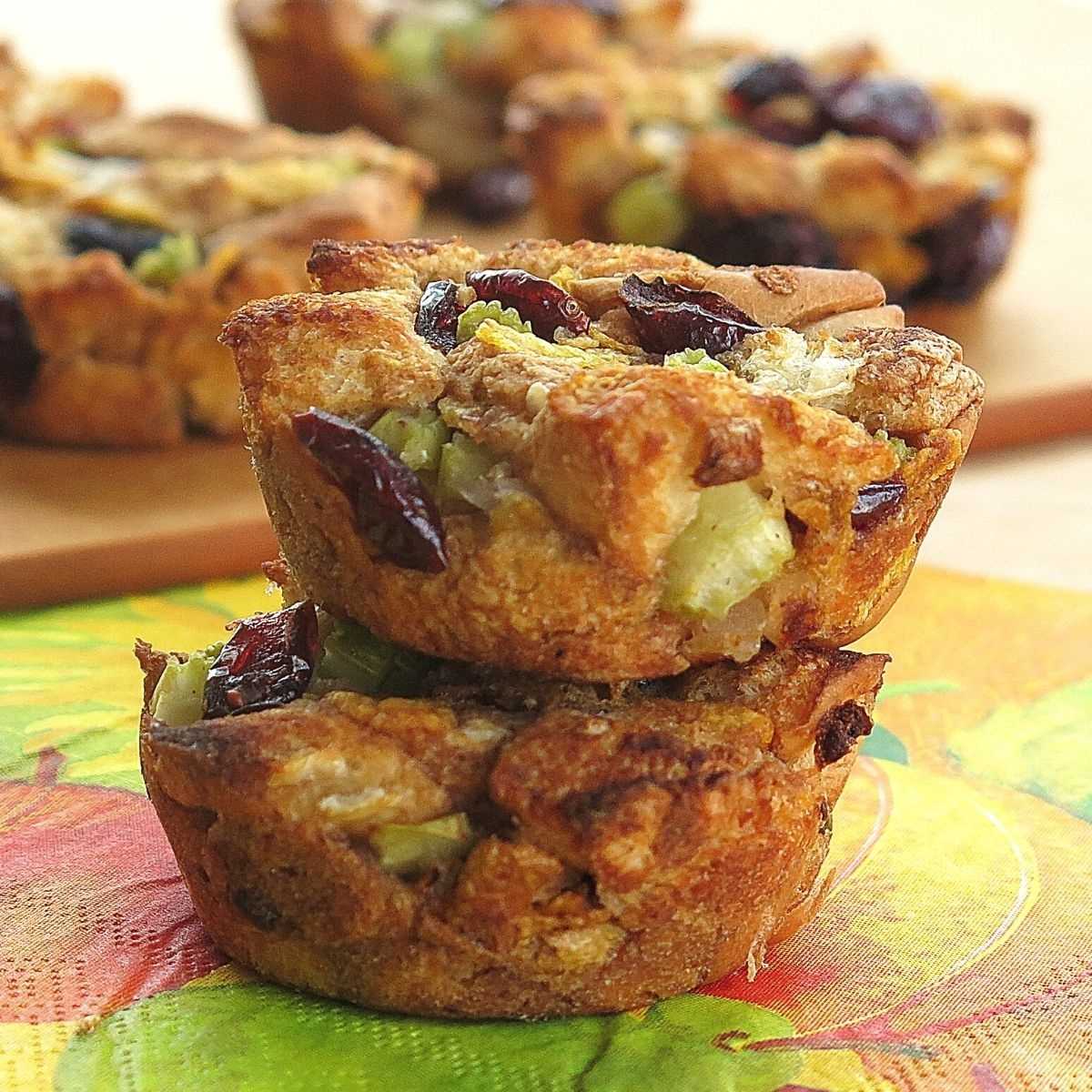 Vegan stuffing cups stacked on top of each other.
