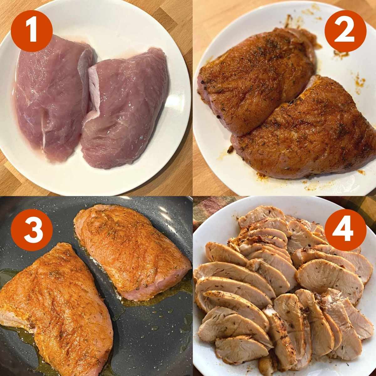 Numbered collage of pictures to make the recipe. 1) Turkey tenderloins on a plate 2) Turkey tenderloins coated with spice rub 3) Turkey seared in a skillet 4) Slices of turkey on a plate.