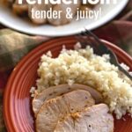 Slices of turkey tenderloin and rice on a plate with platter of meat behind it with overlay of recipe name.