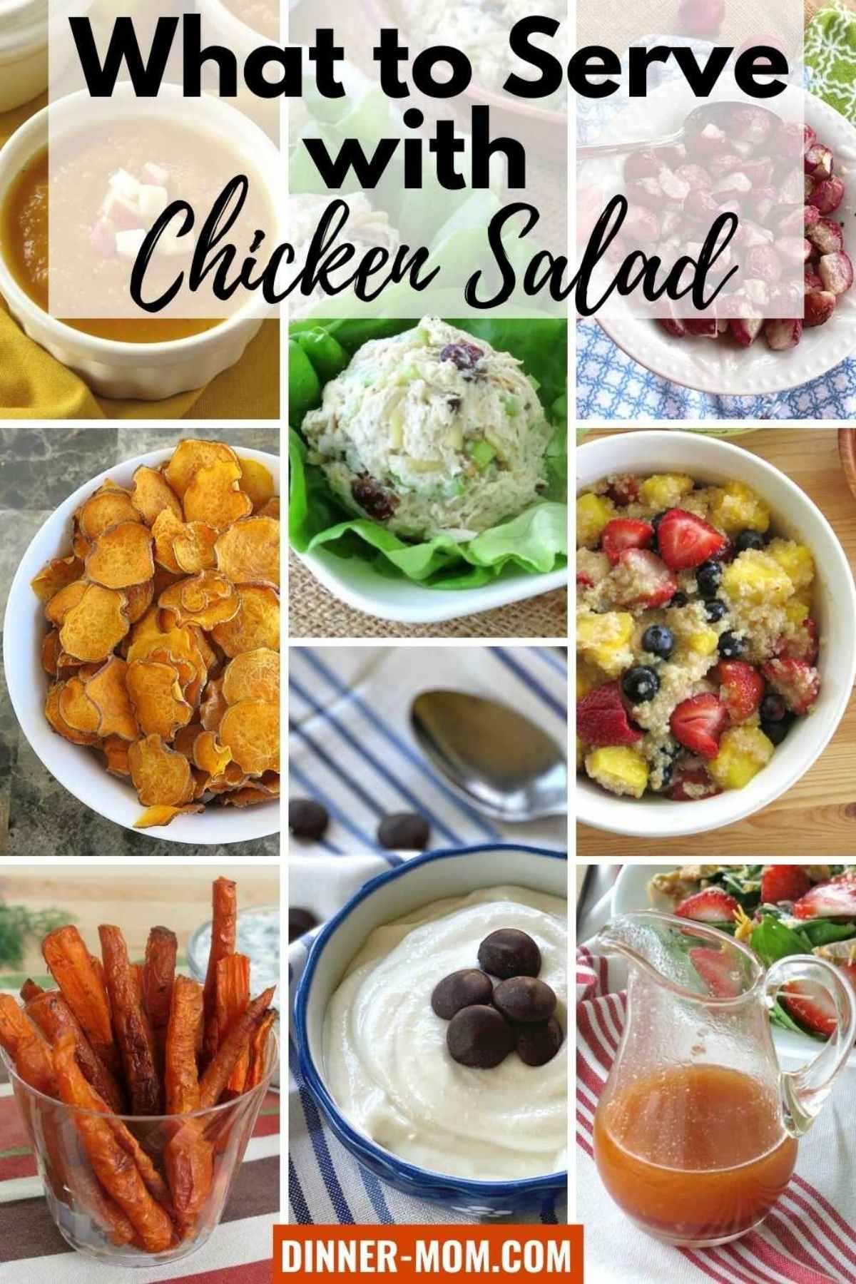 Collage of side dishes to serve with chicken salad.