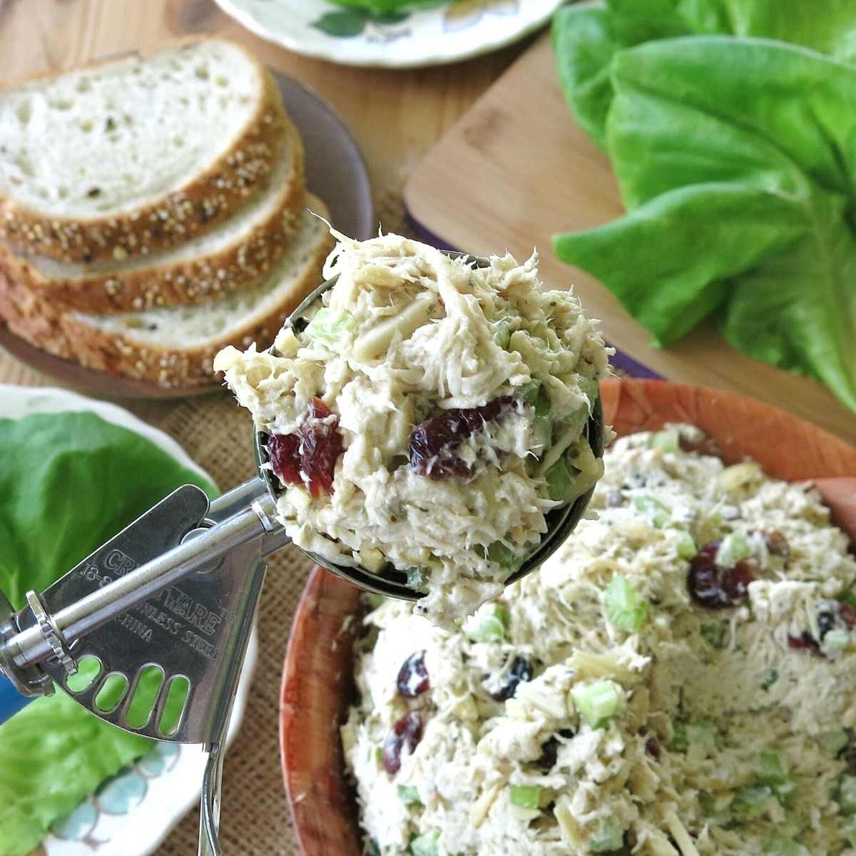 Scoop holding chicken salad with bread, lettuce leaves, below it.