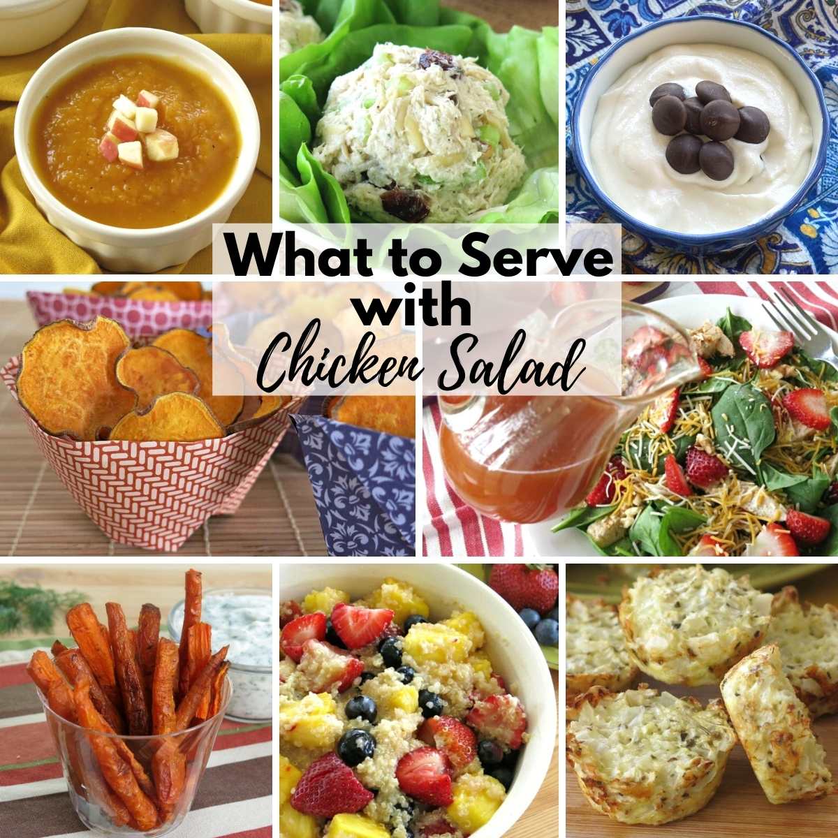 Collage of sides to serve with chicken salad.