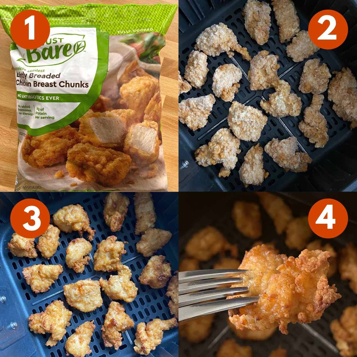 Numbered collage of steps to make frozen chicken nuggets in an air fryer.