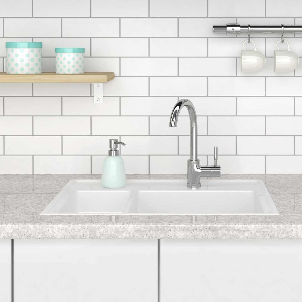 Clean kitchen sink with a soap dispenser and 2 shelves above it.