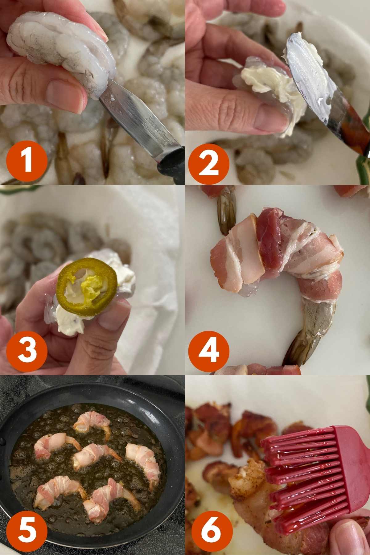 Numbered picture collage of steps to made Stuffed Bacon Wrapped Shrimp.