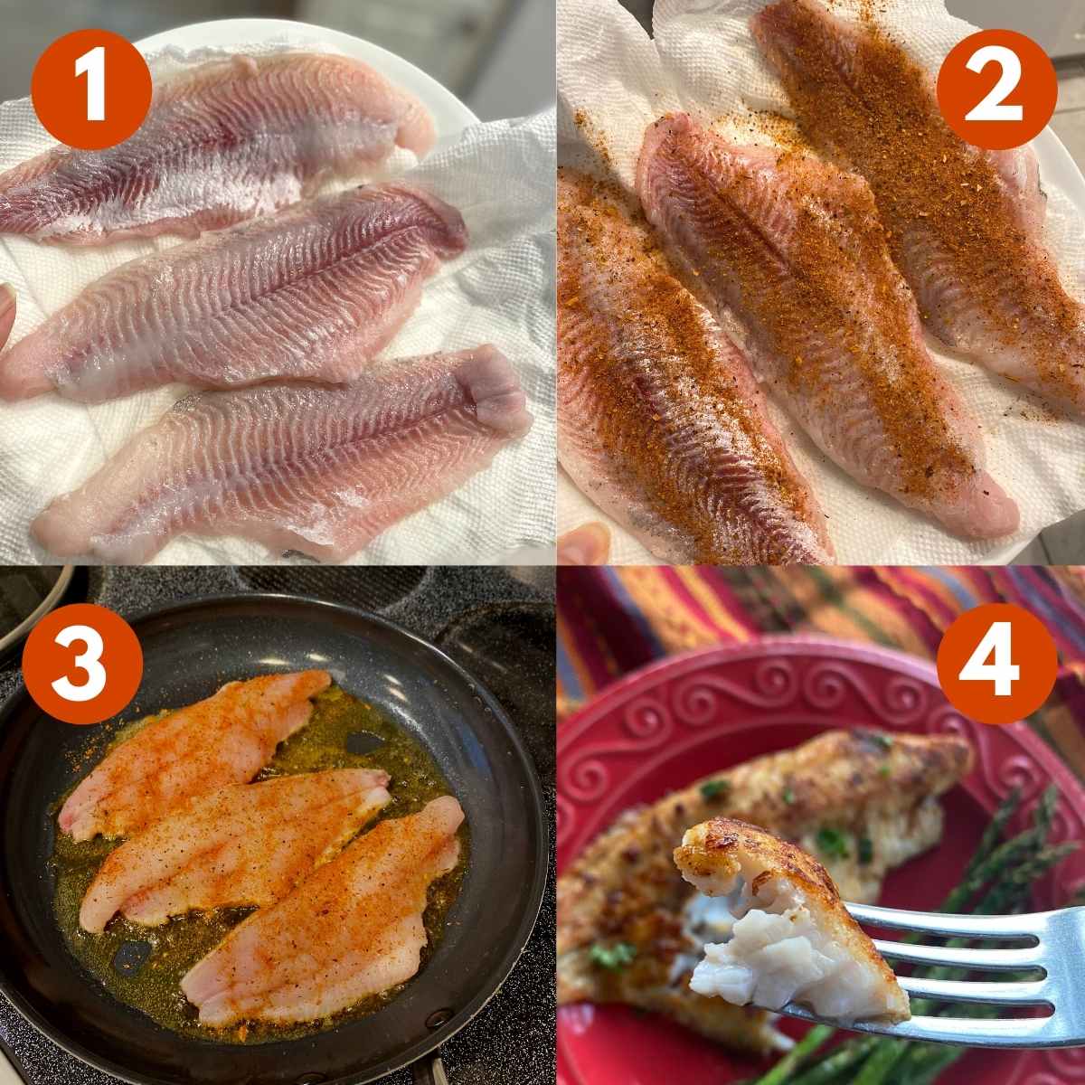 Numbered collage of pictures to make cajun catfish: 1) two catfish fillets on a paper towel, 2) three seasoned catfish fillets, 3) three seasoned catfish fillets in a pan, 4) fork holding a cooked bite of catfish.