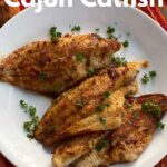 Cajun catfish fillets on a plate with text overlay with name of recipe.