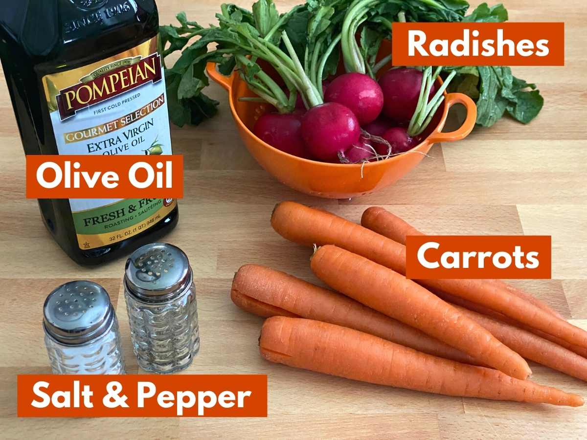 Collage of ingredients for the recipe: carrots, radishes, olive oil, salt and pepper.