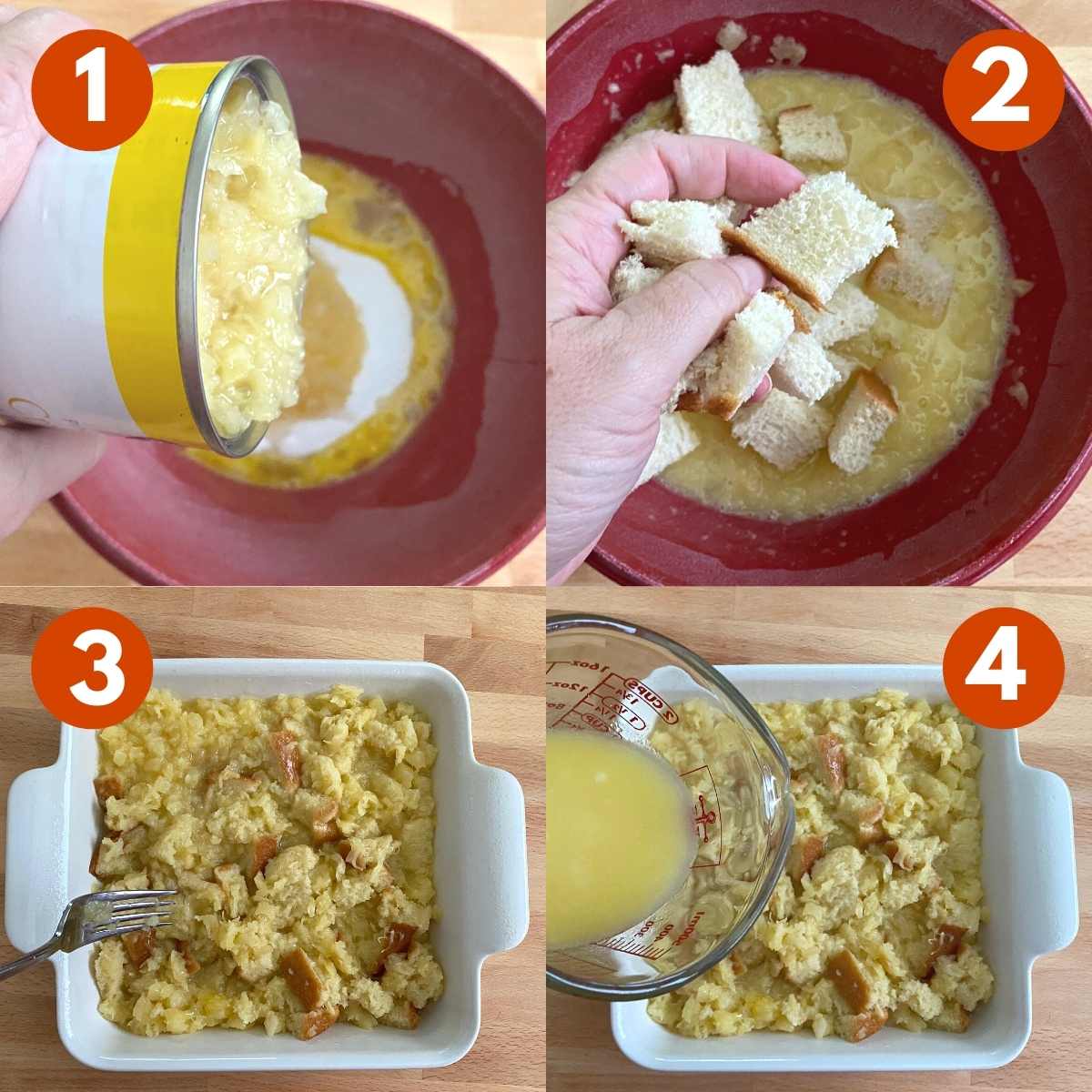 Numbered pictures of the directions to make pineapple souffle: 1) Crushed pineapple being poured into large bowl. 2) Cubes of bread being added to bowl. 3) Uncooked pineapple casserole in baking dish. 4) Melted butter being poured over casserole.