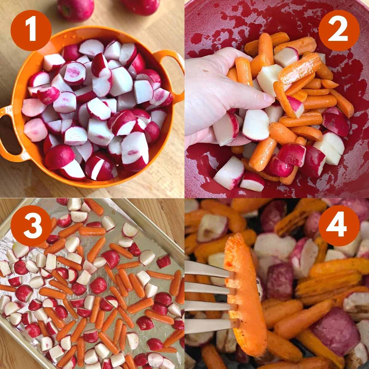 Numbered steps to roast radishes and carrots in the oven.