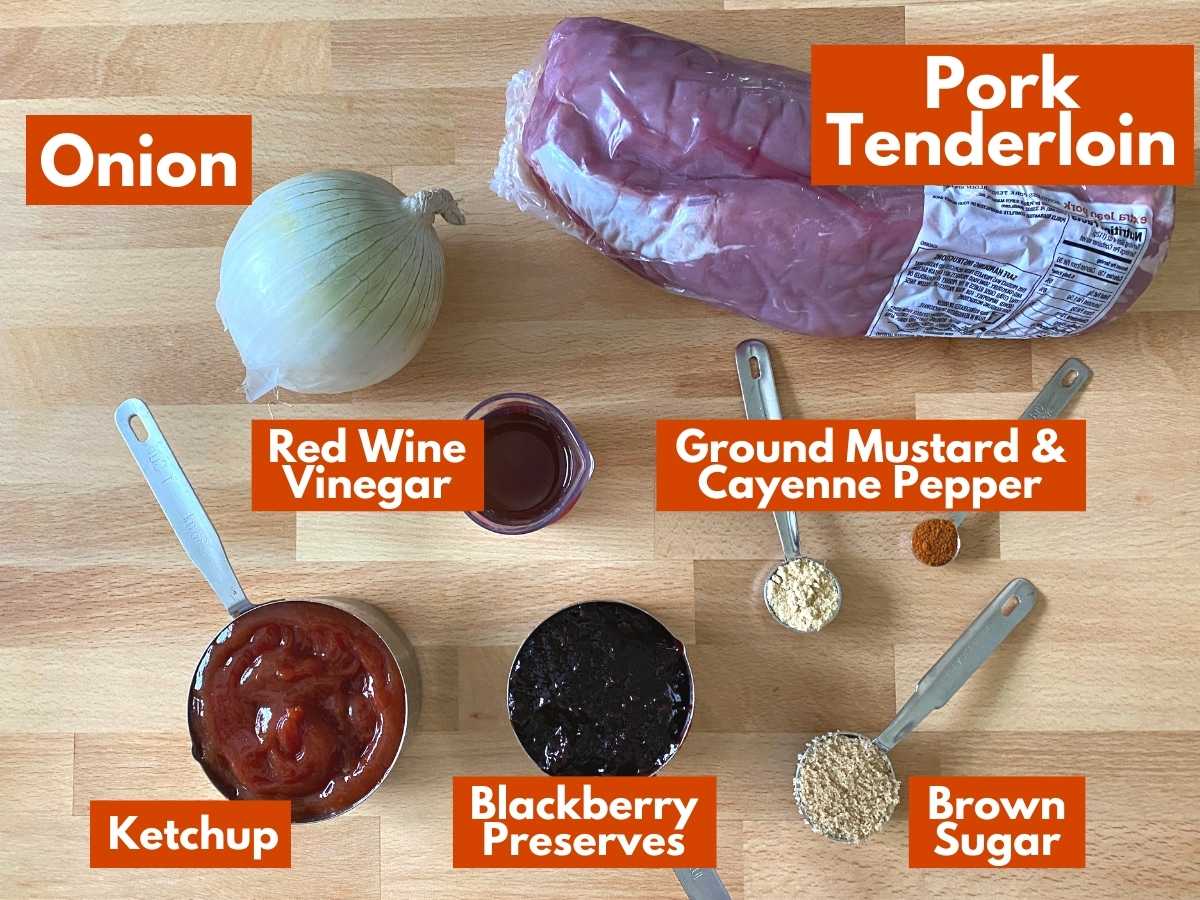 Collage of ingredients to make pulled pork tenderloin with blackberry barbecue sauce: pork tenderloin, onion, ketchup, red wine vinegar, blackberry preserves, ground mustard, cayenne pepper, brown sugar, and pork tenderloin i packaging.