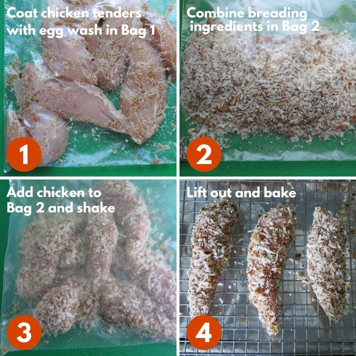 Labeled and numbered collage of steps to easily bread chicken tenders.