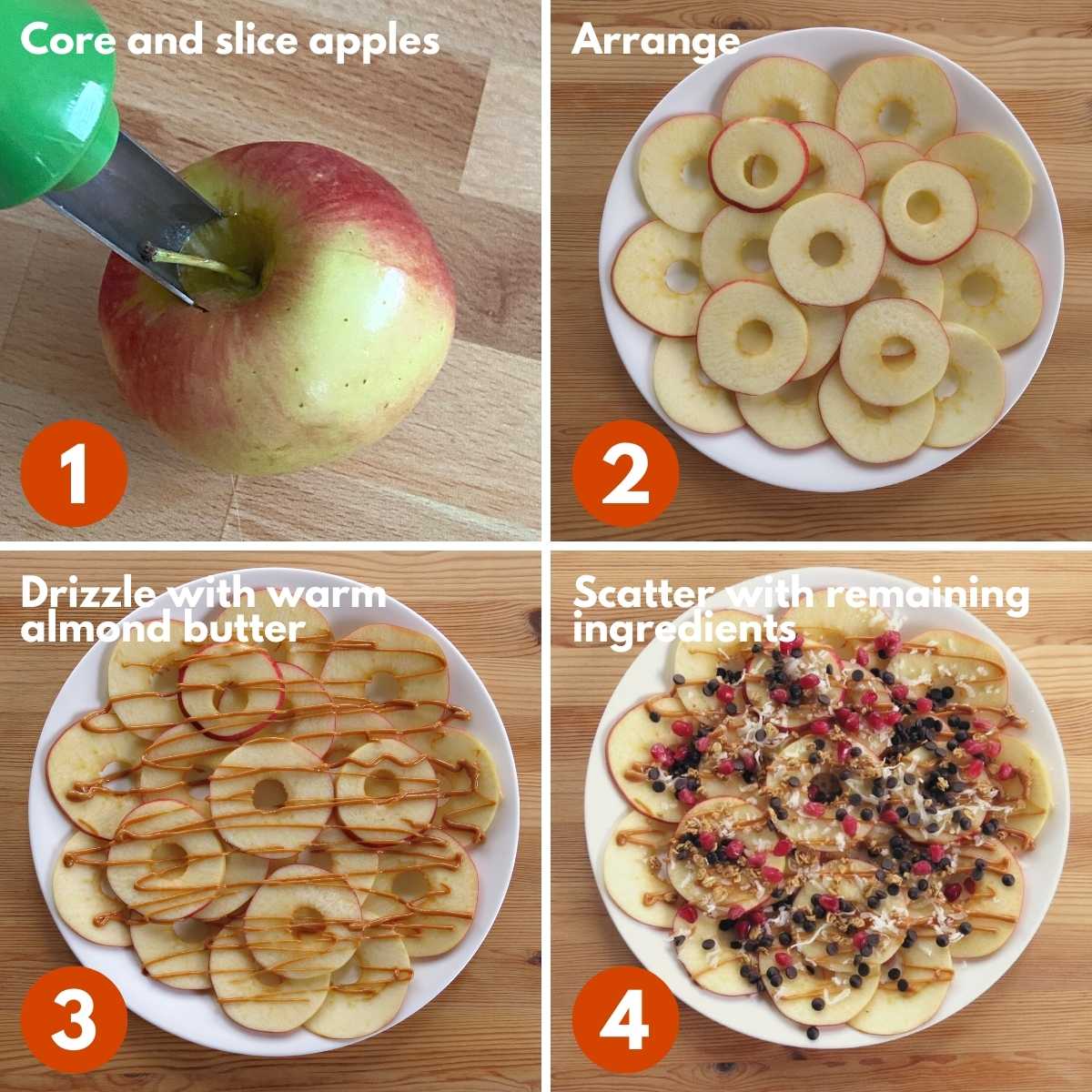 Numbered collage of directions to make nachos using apple slices.