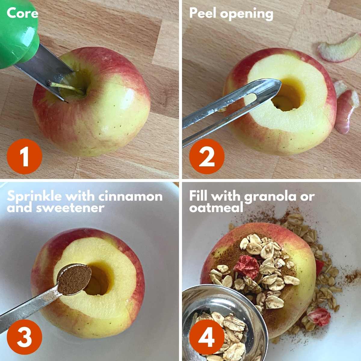 Numbered collage of steps to prepare apple for microwave.