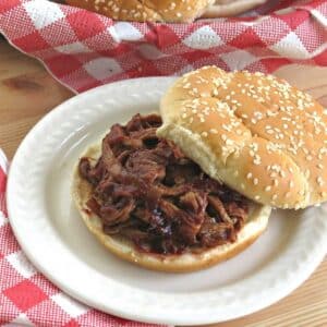 Slow cooker pulled pork tenderloin in blackberry bbq sauce on a bun.