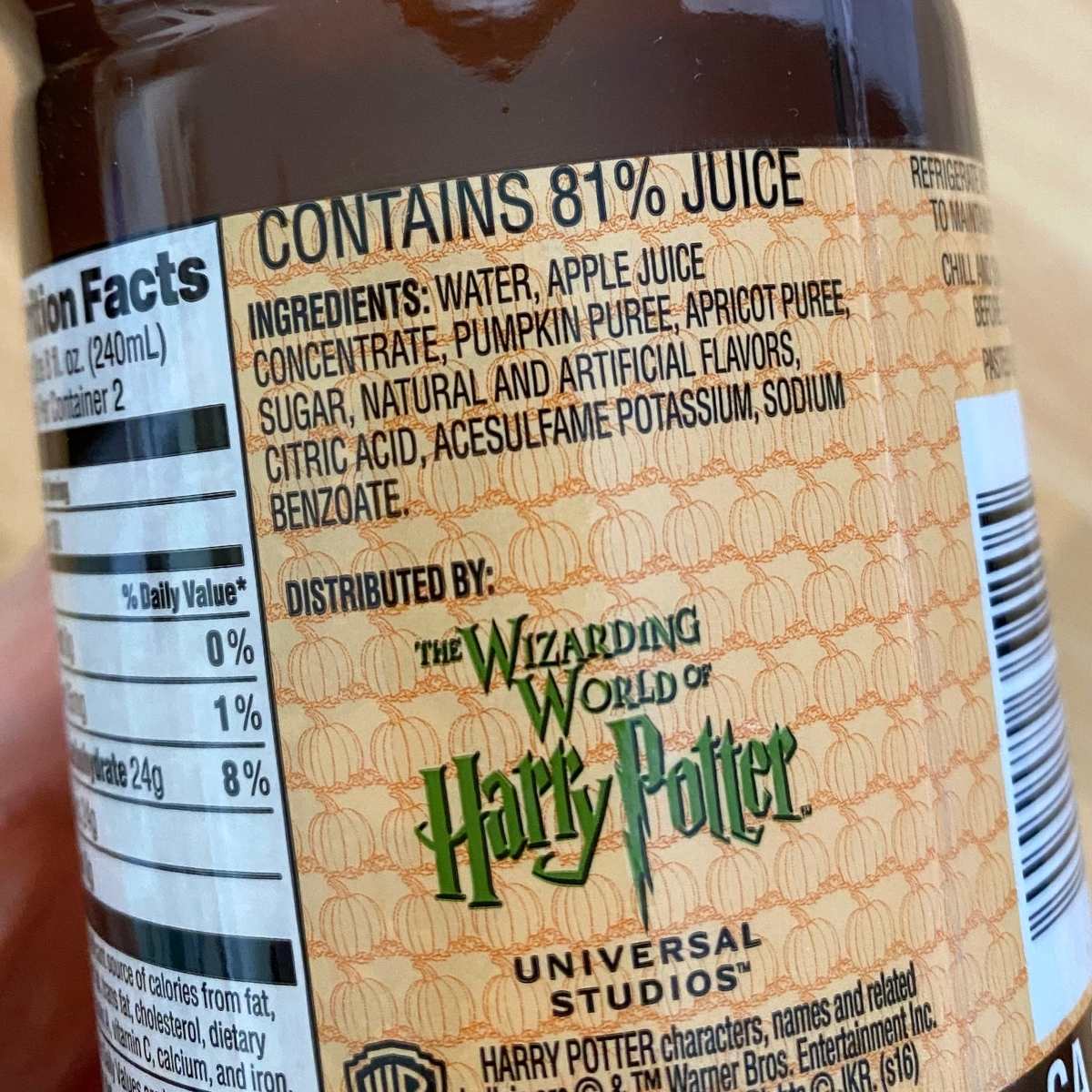 Ingredients listed on the bottle of Pumpkin Juice from the Wizarding World of Harry Potter.