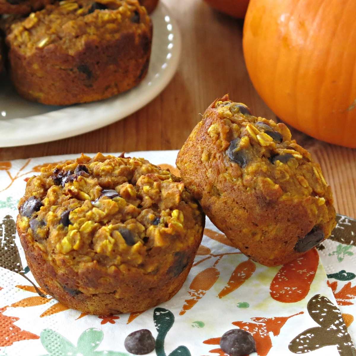 Two healthy oatmeal pumpkin muffins made with gluten-free oats and chocolate chips on a plate.