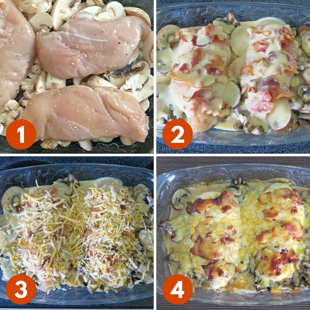 Collage of numbered pictures to make copycat Alice springs chicken recipe. 1) Seasoned chicken on top of mushrooms, 2) Bacon and honey mustard sauce layered on top of chicken, 3) Cheese layered on top of dish before cooking, 4) Cooked alice springs chicken in baking dish.