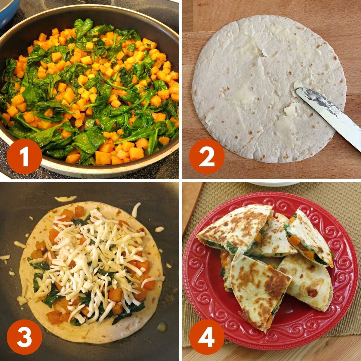 Collage of numbered pictures to make butternut squash quesadillas.