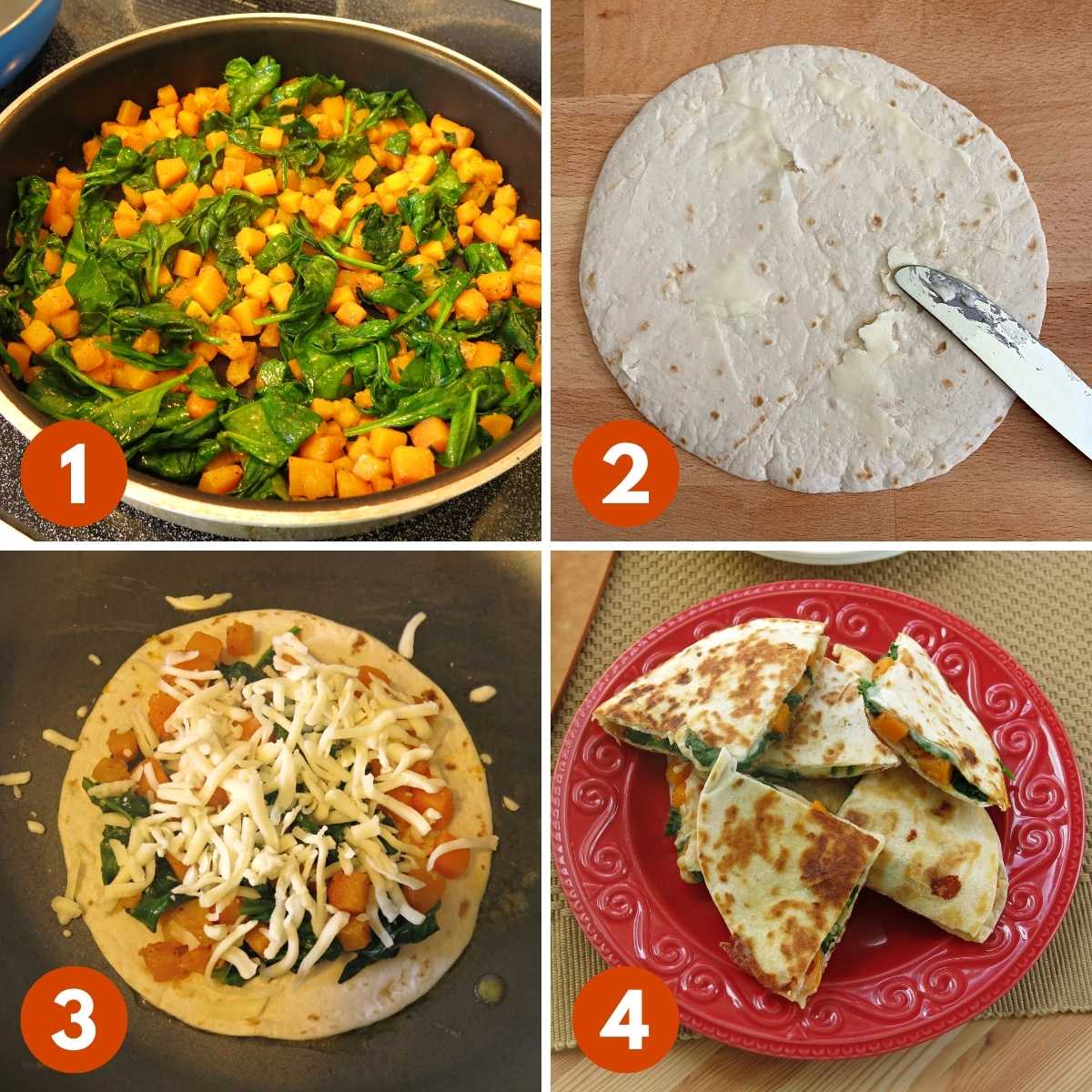 Collage of numbered pictures to make butternut squash quesadillas. 1) Cubes of butternut squash and spinach in a large skillet. 2) Flour tortilla being buttered with a knife. 3) Butternut squash filling and cheese on top flour tortilla. 4) Cooked quesadilla triangles on a plate.