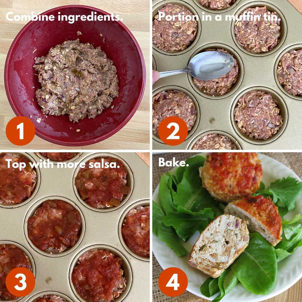 Numbered collage of pictures to make turkey meatloaf muffins: 1 Bowl with mixture, 2) meat mixture in muffin tin, 3) salsa on mixture, 4) meatloaf cut in half.