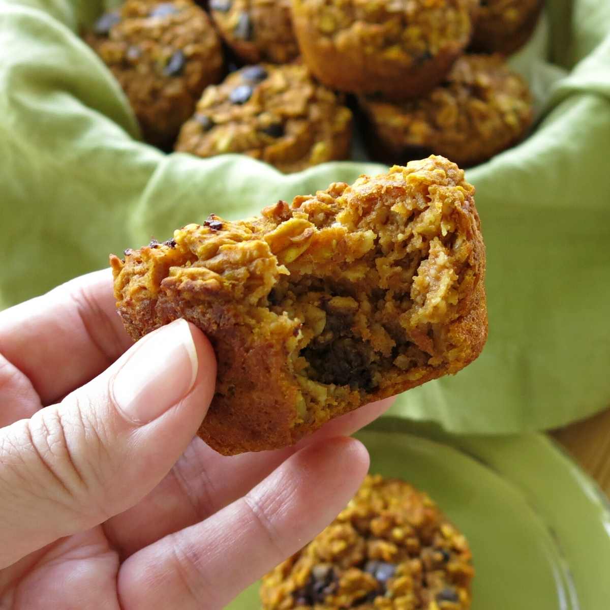 Hand holding a gluten-free oatmeal pumpkin muffin with a bite removed.