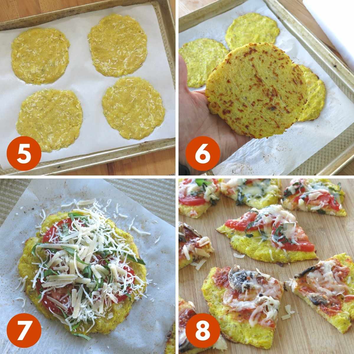 Numbered picture collage for steps 4-6 to cook and add toppings to spaghetti squash pizza crust.