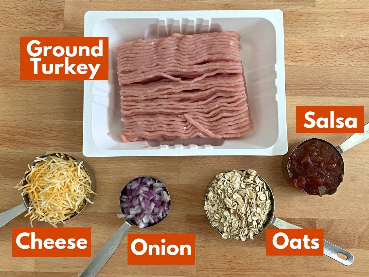 Collage of ingredients to make turkey meatloaf muffins: ground turkey, cheese, onion, oatmeal, and salsa.