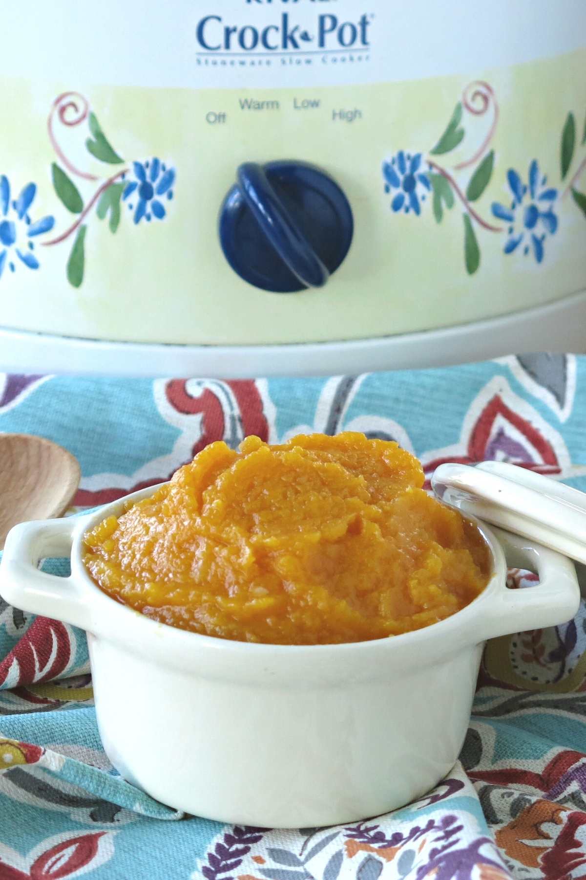 Butternut squash puree in a crock with a slow cooker behind it.