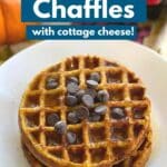 Stack of pumpkin chaffles made with cottage cheese on a plate.