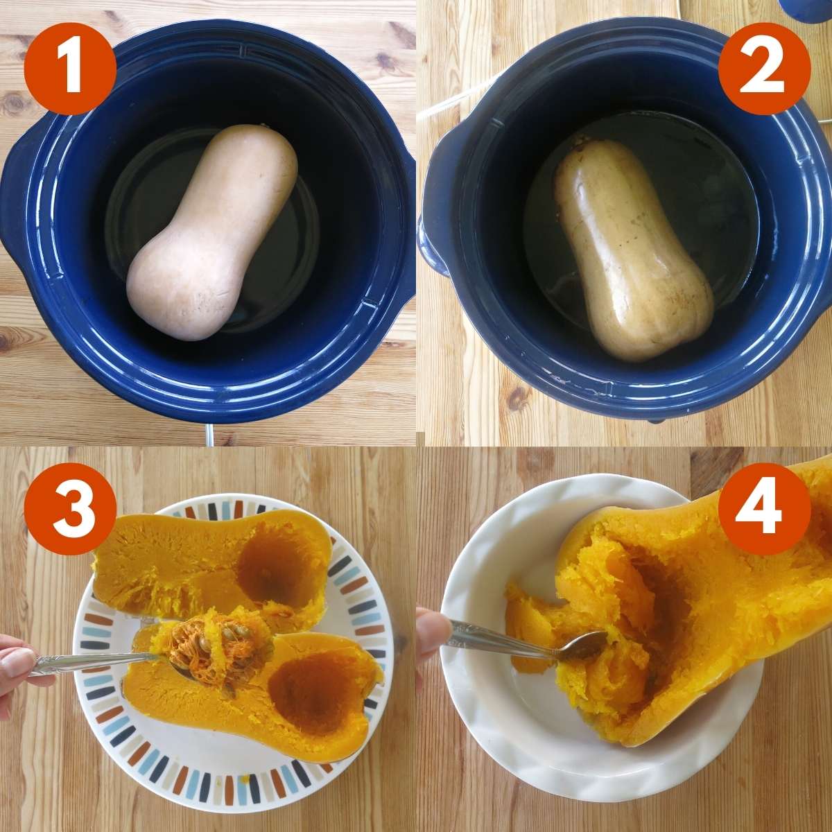 Collage of steps to cook butternut squash whole in slow cooker. 1) Uncooked squash in slow cooker. 2) Cooked squash in slow cooker. 3) Cooked squash cooked in half with seeds being removed. 4) Flesh being scraped from skin.