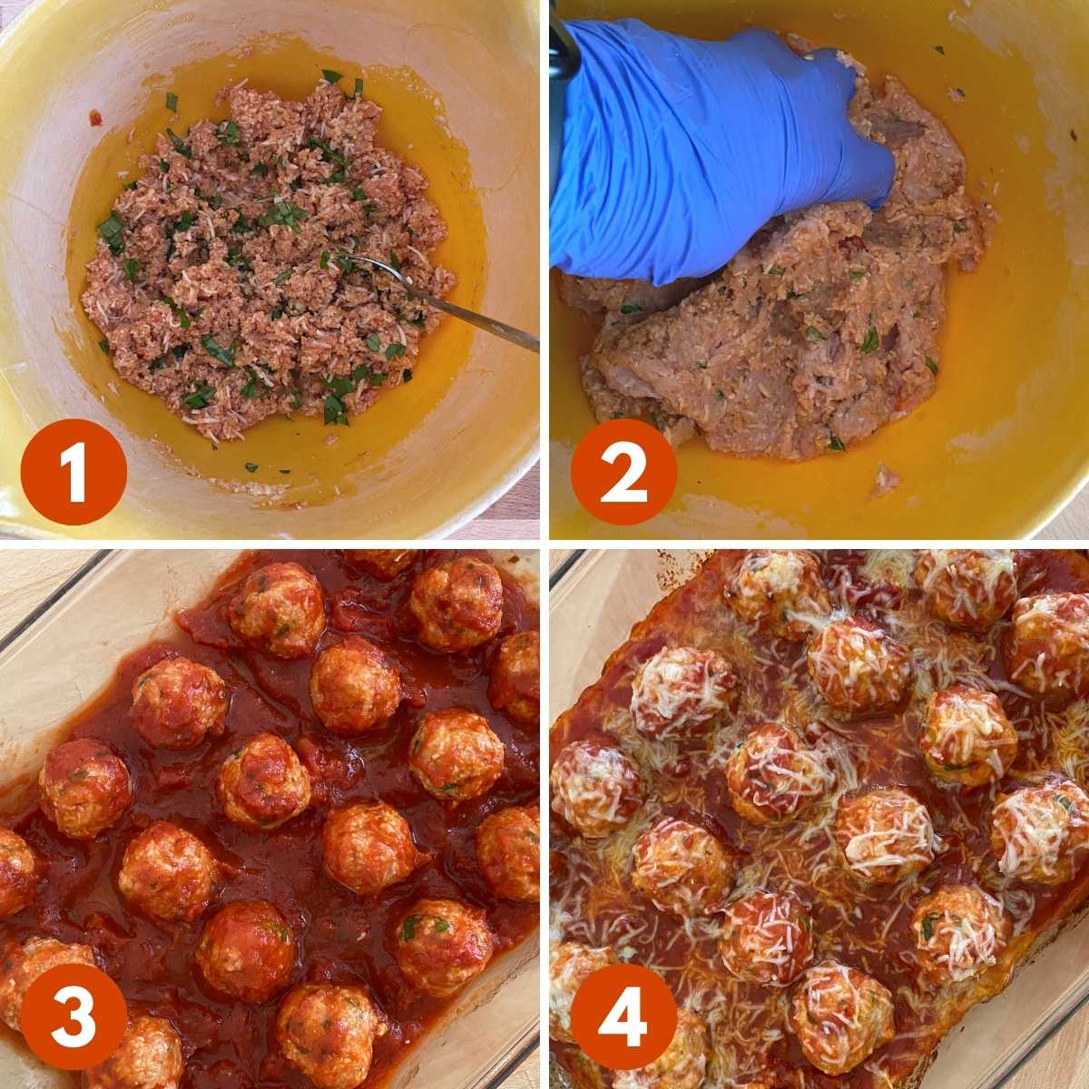 Collage of pictures to make Parmesan chicken meatballs: 1) Ingredients mixed in bowl except chicken 2) chicken being mixed into base 3) uncooked meatballs in baking dish 4) cooked meatballs with extra cheese in baking dish.