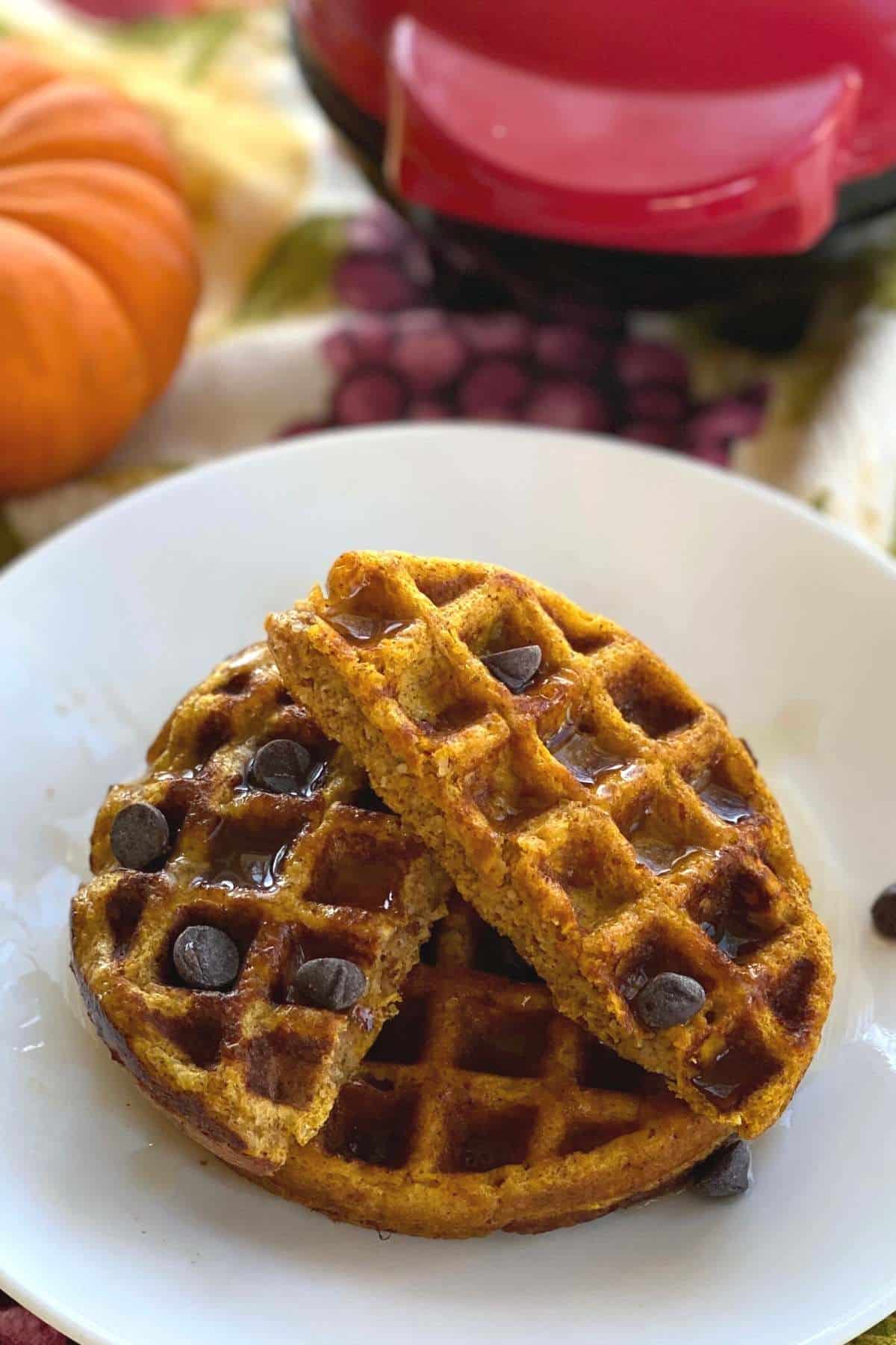 Keto pumpkin waffles on a plate with pumpkin and Dash waffle maker beind it.