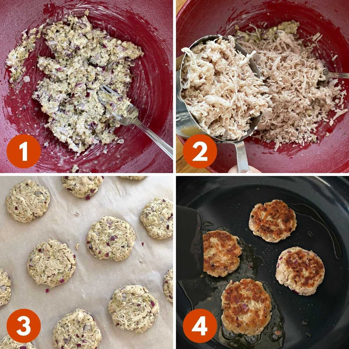 Collage of pictures to make chicken cakes.