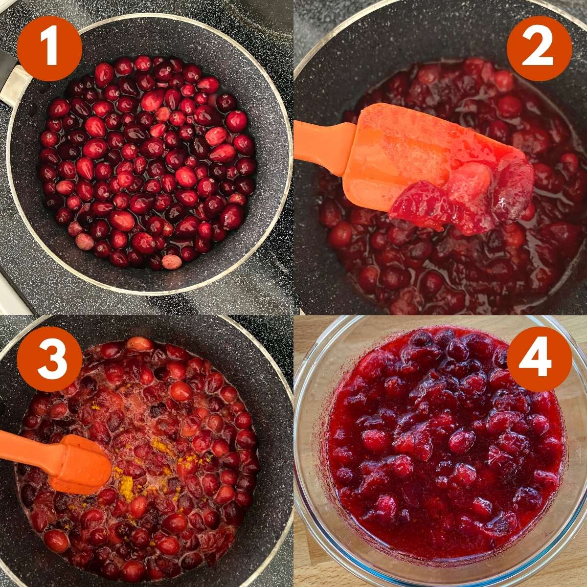 Collage of pictures that correspond with numbered steps to make cranberry sauce that's lower in sugar.