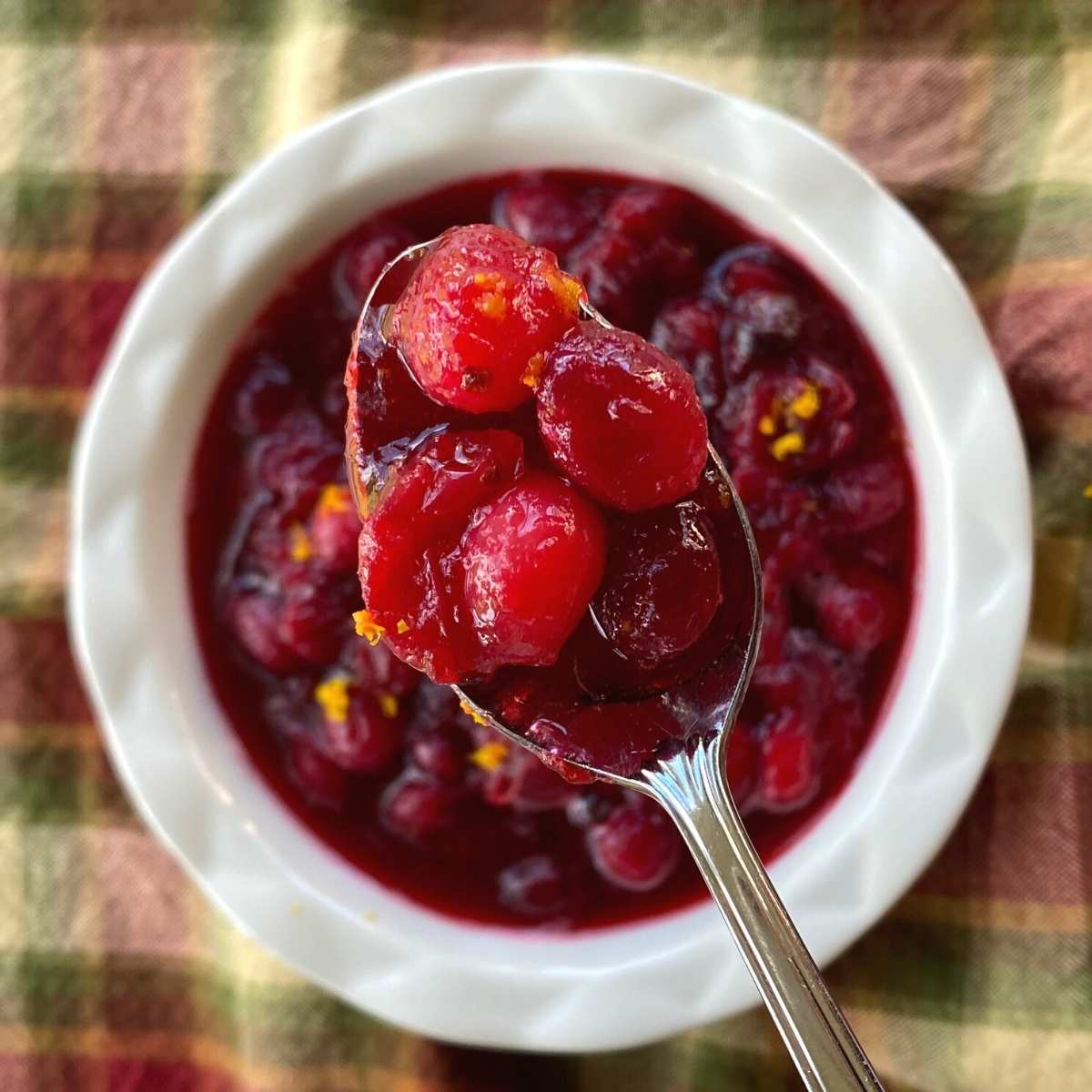 Spoon lifting healthy cranberry sauce out of the bowl below.