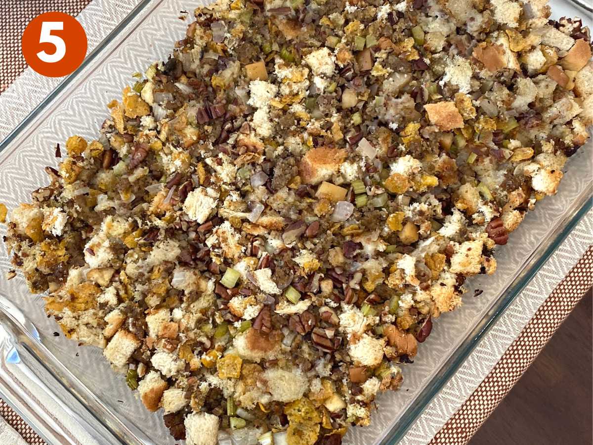 Baking dish with cooked homemade stuffing.